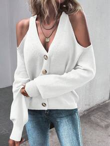 EMERY ROSE Women's Fashionable Solid Color Off-Shoulder Cardigan, Autumn - White - View 5