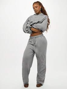 SUMWON WOMEN 贴花字母徽标运动裤抽绳腰部宽松休闲裤休闲街头慢跑裤 - 深灰色 - 查看 5