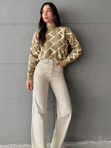 SHEIN Women's Stand Collar All-Over Print Casual Long Sleeve Sweater