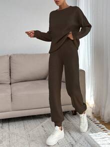 EURMUSE WOMEN SOFT TOUCH SWEATER AND SWEATER PANT TWO PİECE OUTFİT CO-ORDS COOL - Chocolate Brown - View 3
