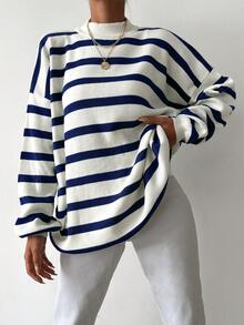 EURMUSE Women's Loose Fit Oversized Striped Long Sleeve Knit Sweater, Autumn/Winter - Navy Blue - View 4