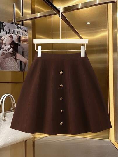 Modelyn Conjunto de suéter y falda de unicolor simple con decoración de botón de metal para uso casual y diario, otoño/invierno