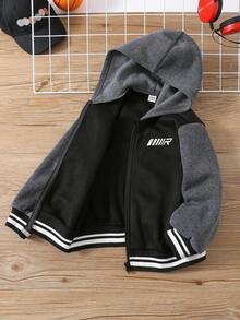 SHEIN 秋冬款小男孩休闲拼色连帽夹克 - 黑色 - 查看 2