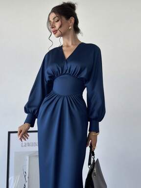 Firerie Elegantes, raffiniertes, romantisches Damen Abendkleid für Date, Alltag, Schule, Modeparty/Ball, V-Ausschnitt, drapiert, tailliert, Fledermausärmel, marineblau, lang