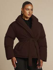 Silquee 女士时尚百搭纯色夹克，冬季 - 咖啡棕 - 查看 5