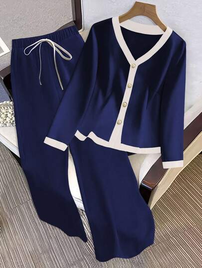 INAWLY Elegant Contrast Color V-Neck Long Sleeve Shirt & Wide Leg Pants 2 Pieces Set For Women