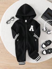 Baby Lässig Sport Patch Farbblock Reißverschluss Kapuzen Romper, bequemer Lässig Jumpsuit, geeignet für Babyjungen/-mädchen, geeignet für Herbst/Winter