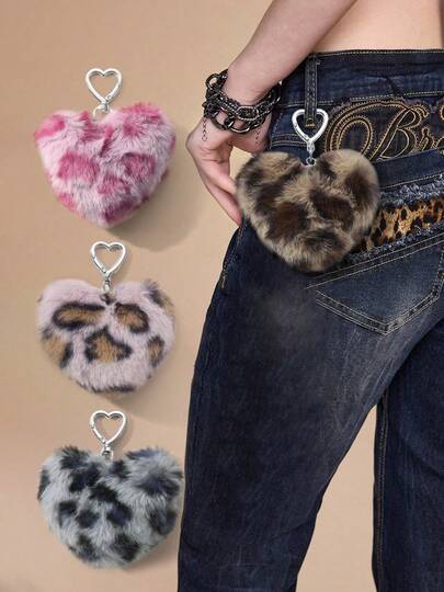 Kawaii 1pc Random Color Y2K Minimalist Fashionable Vintage Casual High-Quality Pink/Burgundy/Brown/Gray Leopard Print Plush 3D Heart DIY Keychain Bag Charm, Suitable For Sisters, Best Friends, Couples, Women, Daily Wear, Holiday Gift