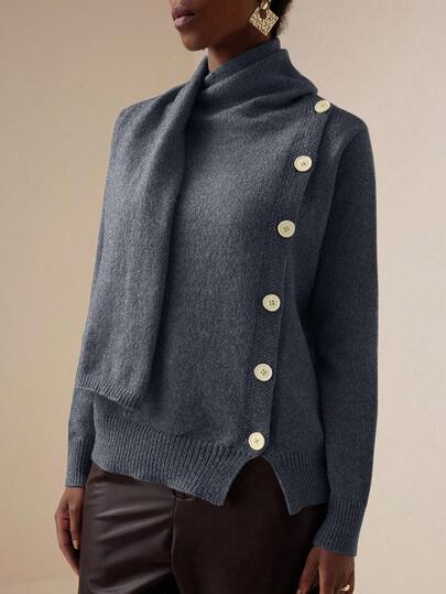 Vesra Cardigan feminino casual de manga comprida com gola alta e botões frontais, cor sólida