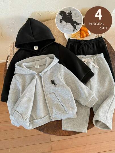 LMoss Kids LMoss   4pcs Baby Boy Knitted Solid Color Hoodie Jacket And Pants Set, Baby Tracksuit, Baby Hoodie Pants Set, Baby Autumn Winter Set, Baby Casual Sets, Baby Boy Hoodie Set,Styles Confortables D'automne&Hiver,Cozy Fall & Winter Styles,Winter Clothes,Ensemble Hiver,Hoodie,Long Sleeve Top,