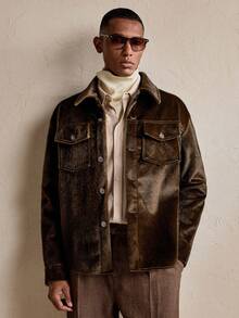 Business Casual AKNOTIC 男士复古仿皮草纽扣长袖衬衫，圣诞派对、商务休闲、秋季、男友礼物、复古 - 棕色 - 查看 5