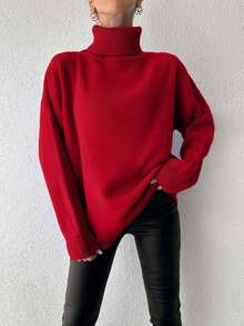 EURMUSE Women's Turtleneck Long Sleeve Sweater - Red - View 4