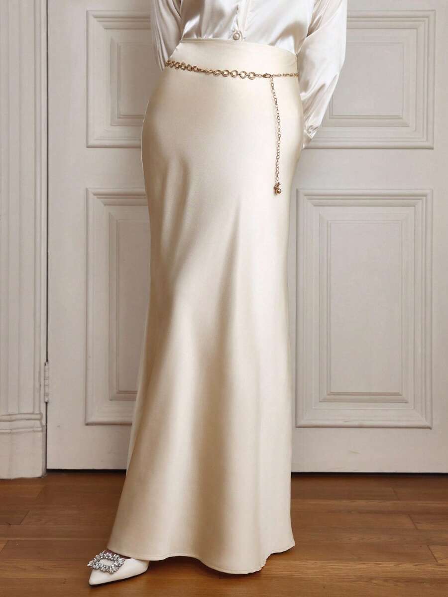 Louniche Women's Solid Color Basic Skirt Maxi Women Outfit - Beige - View 1