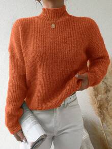 EURMUSE Mock Neck Drop Shoulder Sweater - Orange - View 3