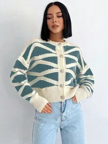 SHEIN Cottnline Colorblock Button Front Drop Shoulder Cardigan - Mint Green - View 4