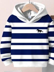 SHEIN Kleine Jungen 2 Stücke/Set Lässig Klassisch Marineblau gestreiftes Muster, detaillierter Pferde-Logo-Muster, locker sitzender Pullover Hoodie Sweatshirt Set, geeignet für Herbst/Winter - Verschiedenfarbig - Übersicht 4
