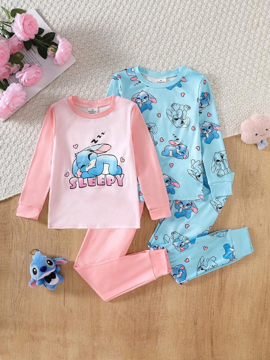 Bộ đồ ngủ 4 món quần legging tay dài cho bé gái, họa tiết thỏ hoạt hình, dễ thương & thường ngày, xuân/thu - Nhiều màu - Xem 1