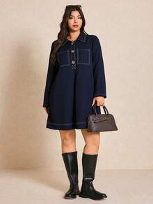 Elaquor Plus Size Casual Button Half-Placket Pocket Long Sleeve Dress, Navy Blue Spring - Navy Blue - View 4