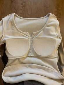 INAWLY 女士休闲纯色半扣T恤，百搭秋冬装 - 杏色 - 查看 1