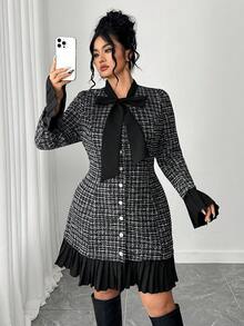 Elenzga Plus Size Women's Elegant Plaid Print Tie Collar Ruffle Sleeve Pleated Hem Belted Midi Dress, Autumn Fall - Black and White - View 5