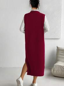 Elenzga Plus Size Women Solid Color Round Neck Sleeveless Side Slit Hem Casual Loose Knitted Dress, Autumn/Winter - Red - View 2
