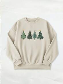 EMERY ROSE Christmas Tree Print Fashionable Minimalist Plus Size Women Corduroy Crew Neck Long Sleeve Sweatshirt, Gift For Friends, Autumn/Winter - Apricot - View 4