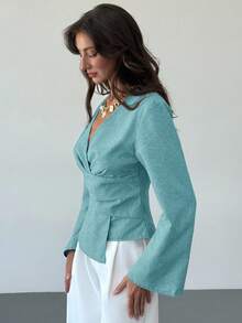 Aloruh New Stylish Commuter Waist Ruched Asymmetric Hem Long Flare Sleeve V-Neck Pullover Blouse - Teal Blue - View 4
