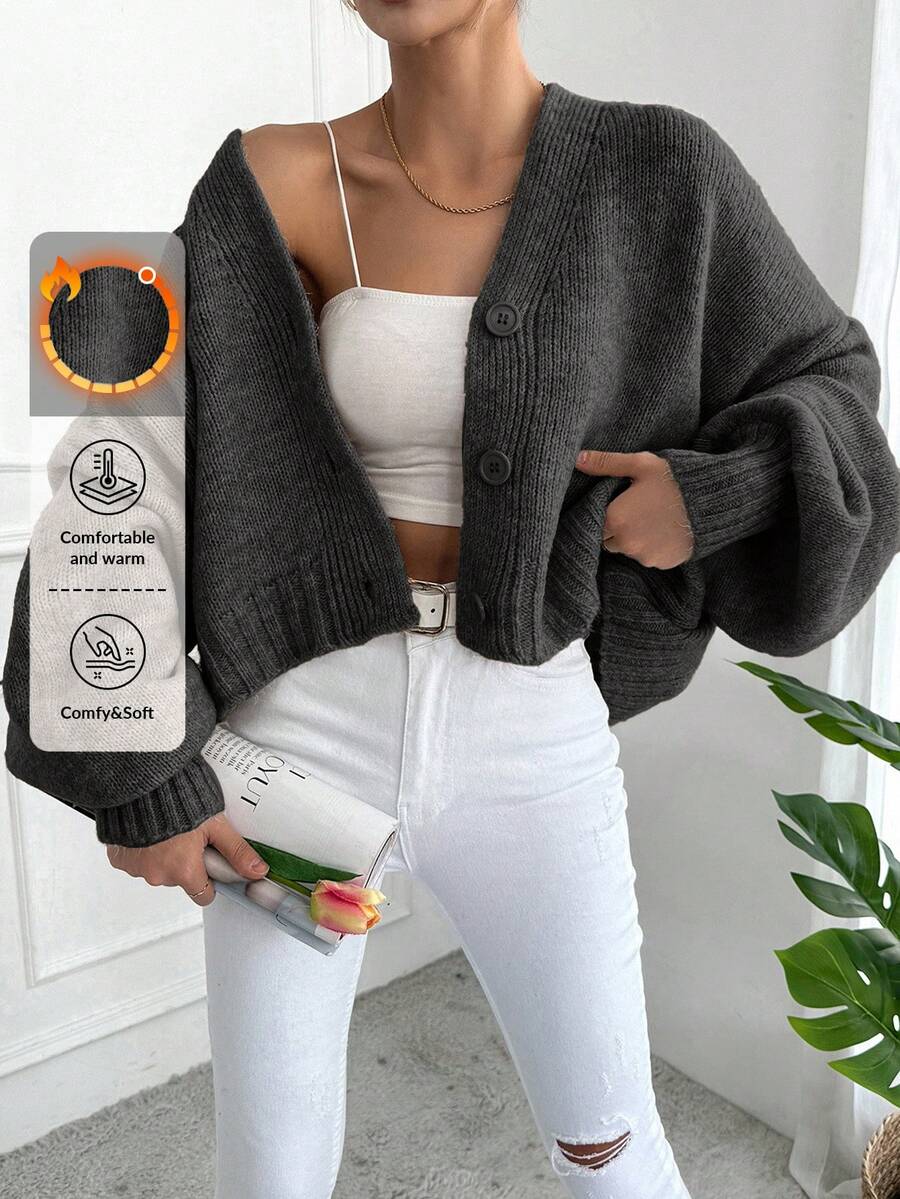 EURMUSE Women's Solid Color Drop Shoulder Long Sleeve Single-Breasted Knit Cardigan, Autumn/Winter - Dark Grey - View 1