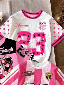3pcs/Set Young Girl Casual Short Sleeve Round Neck T-Shirt,Animal Rabbit,Floral,Number 23,Stripe Pattern,Pink,Black,White,Summer,School,Back To School - Multicolor - View 5