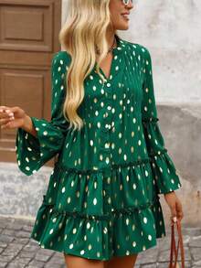 Brillora Damen Urlaubs-Lässig Polka Dot Muster Weite Ärmel Kurzes Kleid - Grün - Übersicht 1