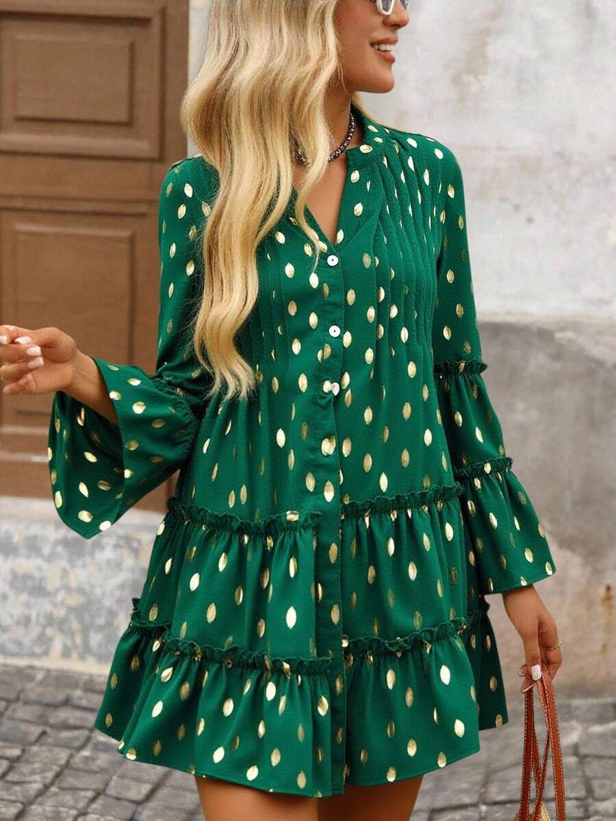 Brillora Damen Urlaubs-Lässig Polka Dot Muster Weite Ärmel Kurzes Kleid - Grün - Übersicht 1