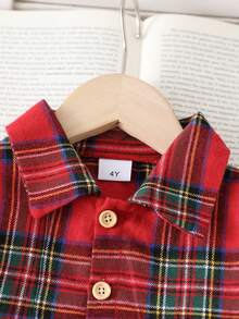 SHEIN 2pcs Young Boy Ribbed Knit Collared Long Sleeve Shirt & Ribbed Woven Casual Pants Set, Spring/Autumn - Red - View 4