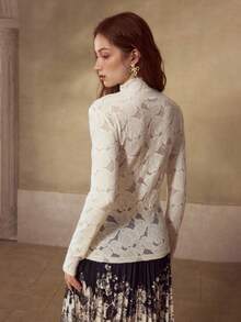 MOTF PREMIUM WOMEN'S ELEGANT LACE TRIM MOCK NECK LONG SLEEVE TEE, VERSATILE FOR AUTUMN/WINTER - Apricot - View 3