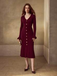 MOTF PREMIUM ELEGANT SINGLE-BREASTED FITTED KNIT DRESS, SLIMMING & FLATTERING - Burgundy - View 5