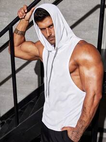 Manfinity Sport Corelite 男友风格男士字母图案抽绳连帽运动背心 运动上衣、健身房、图案、运动服、纯色运动上衣 健身房上衣 白色背心透气