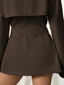 SHEIN EZwear 咖啡棕色长袖简约双排扣中长款收腰风衣，适合秋冬休闲日常穿搭 - 咖啡棕 - 查看 5