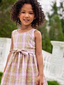 Joliand Joliand 1 Pc Young Girl Elegant Pink Plaid Sleeveless Dress,Summer Fairy Style,Matching Family Vacation Holiday Outing,Urban School Party Wedding Dresses - Multicolor - View 4