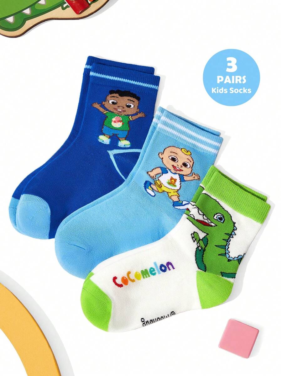 CoComelon X SHEIN 3 Pairs Boys Cotton Soft & Breathable Moisture-Wicking Kids Mid-Calf Socks Colorful Cute Cartoon Crew Socks Reinforced Toe & Heel For Durability All Seasons All-Match School & Outdoor Summer Winter,Dinosaur,Blue & White - Multicolor - View 1