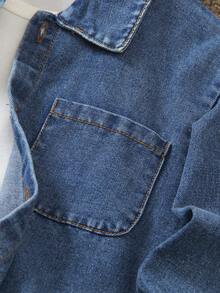 SHEIN Young Boy's Denim Shirt With Pockets, Letter Print & Logo, Casual Fashion, Cool Back To School Style - Dark Wash - View 5