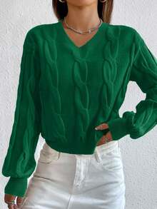 Cloudara Jersey tejido de cable de hombros caídos - Verde - Ver 4