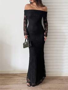 Sunnyshic Elegant Solid Color Lace Off-Shoulder Wedding Christmas Party Dress - Black - View 8