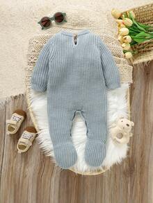 Baby Boys Ice Blue Sweater Jumpsuit With Bear & Letter Embroidery,Cute Round Neck Long Sleeve Knit Romper For Autumn,Family Matching Newborn Clothes - Baby Blue - View 2