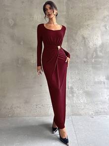 Firerie Women's Elegant Refined Daily New Commuting Minimalist Fashion Ruched High Waist Metal Decor Bodycon Long Sleeve Dark Brown Long Dress - Burgundy - View 4