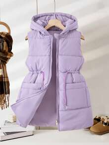 SHEIN Tween Extended Hooded Vest With Pockets And Zipper - Purple - View 4
