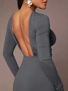 Silquee 女式基本款汗衫连衣裙，性感深背，腰部褶皱，亲肤，长袖，及地长，炭灰色 - 深灰色 - 查看 6