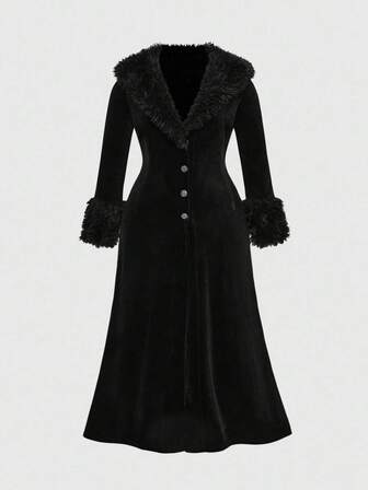 Goth Veste longue ajustée en velours gothique pour femmes grandes tailles, avec patchwork en fourrure décoratif et boutons. Couleur unie