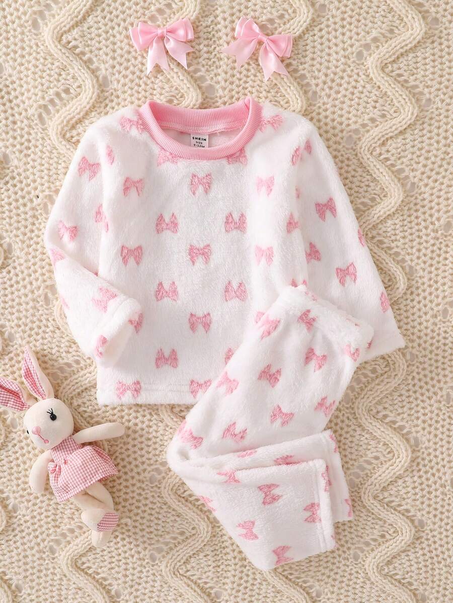 2pcs Baby Girls' Casual Bow & Heart Print Fleece Long Sleeve Top And Pants Pajama Set, Pink Soft Baby Girl Pajamas Bow Detail Baby Pajamas - Multicolor - View 1