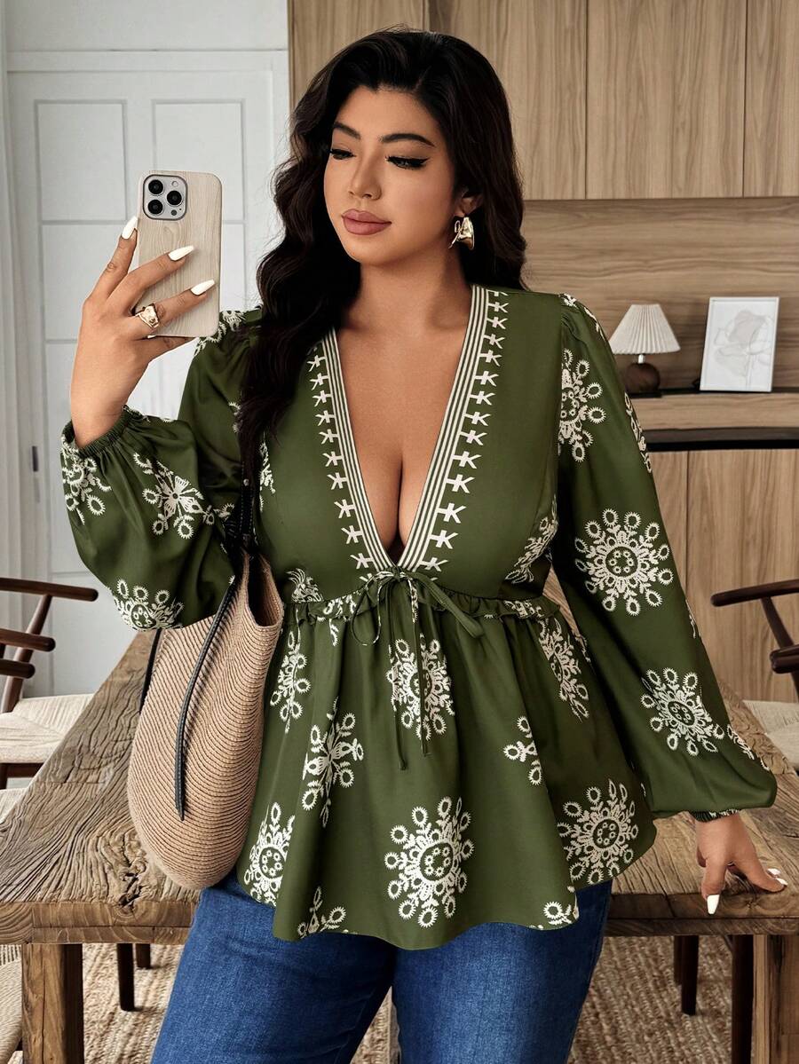 Weeklong 大码女式休闲花卉印花荷叶边饰边系带长袖衬衫 - 彩色 - 查看 1