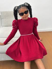 SHEIN Tween Girls Pearl Knit Ribbed Waist Dress With Puff Sleeves, Cute & Elegant Holiday Dress - Burgundy - View 6