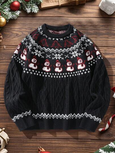 Manfinity Homme Suéter navideño para hombres con patrón de dibujos animados de la familia, patrón casual de copos de nieve y muñeco de nieve de cuello redondo, manga raglán de manga larga, suéter de otoño/invierno, suéter navideño de muñeco de nieve para hombres, suéter navideño de punto para hombres, suéter navideño para hombres